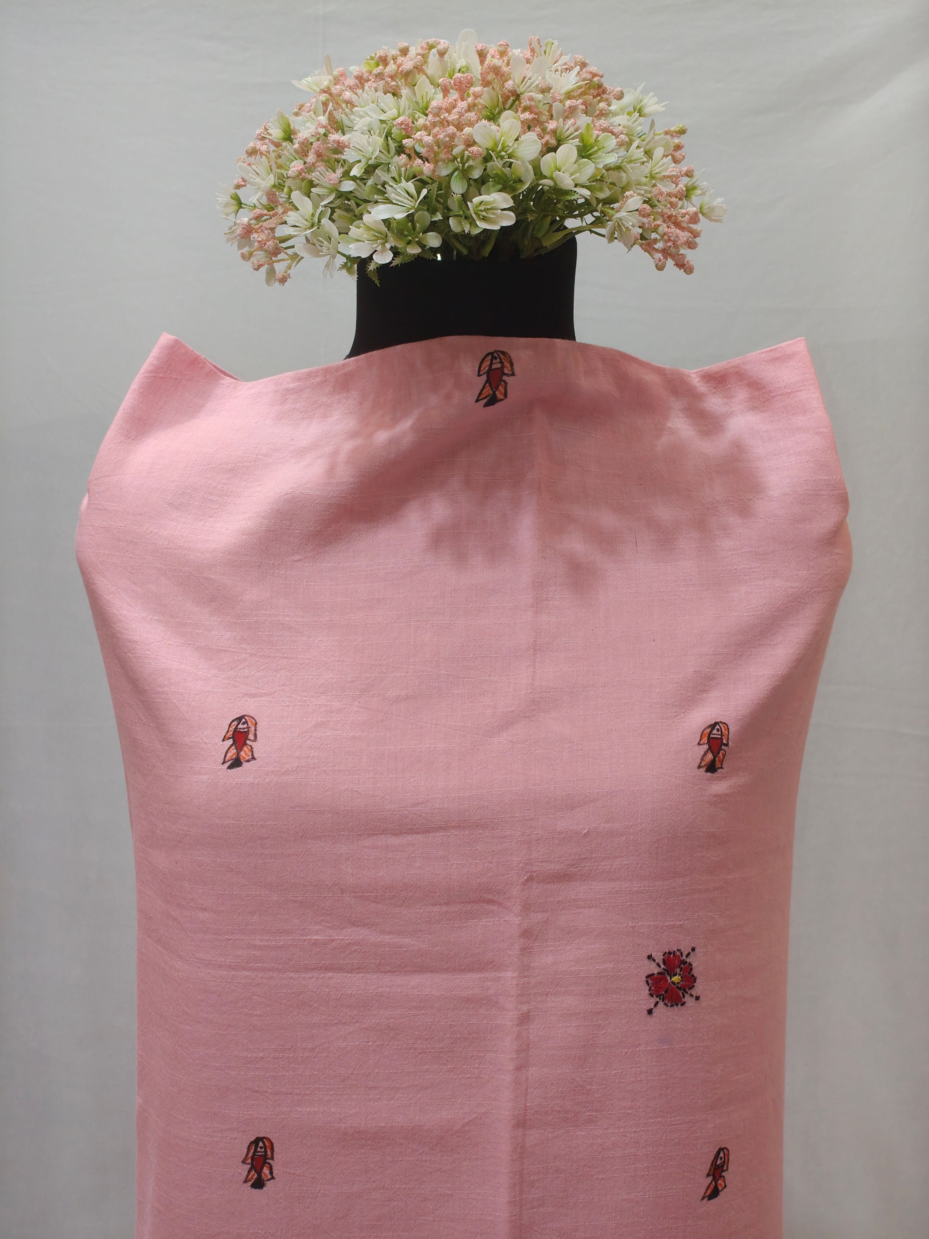 Hand-painted Madhubani with Sujni Embroidery Unstitched Suit Set on Cotton in Soft Pink